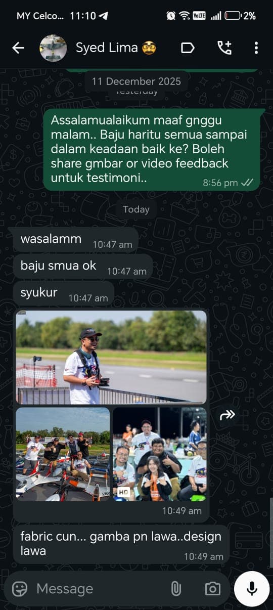 Screenshot WhatsApp pelanggan puas hati — kualiti cetakan jersi cantik & kemas