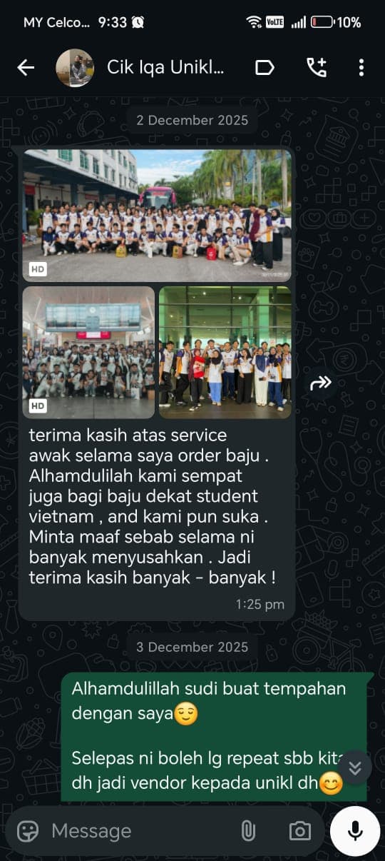 Screenshot WhatsApp pelanggan — tempahan siap tepat pada masa & kain selesa