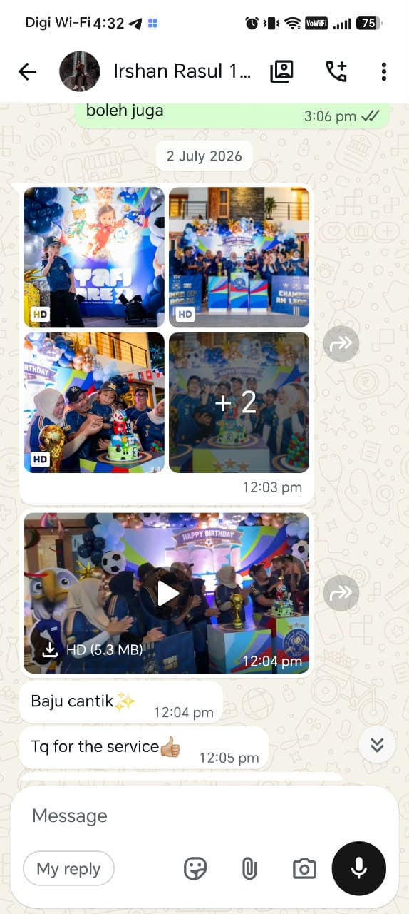 Screenshot WhatsApp pelanggan — warna cetakan terang & jahitan kemas